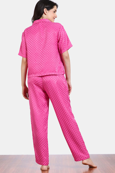 Zivame Checkered Sheen Woven Pyjama Set - Pink Yarrow — image 4